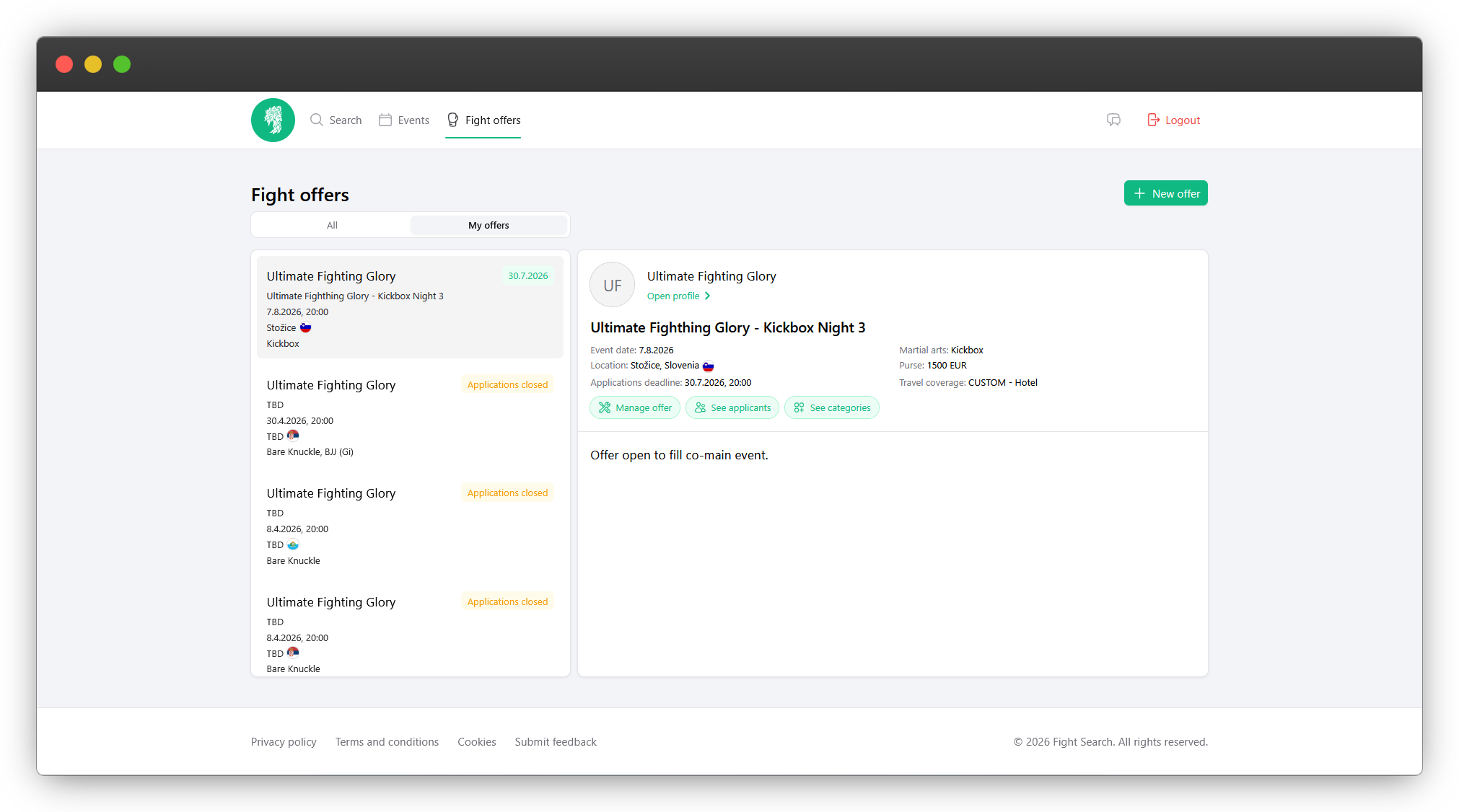 Fight Search promoter dashboard showing fight offers