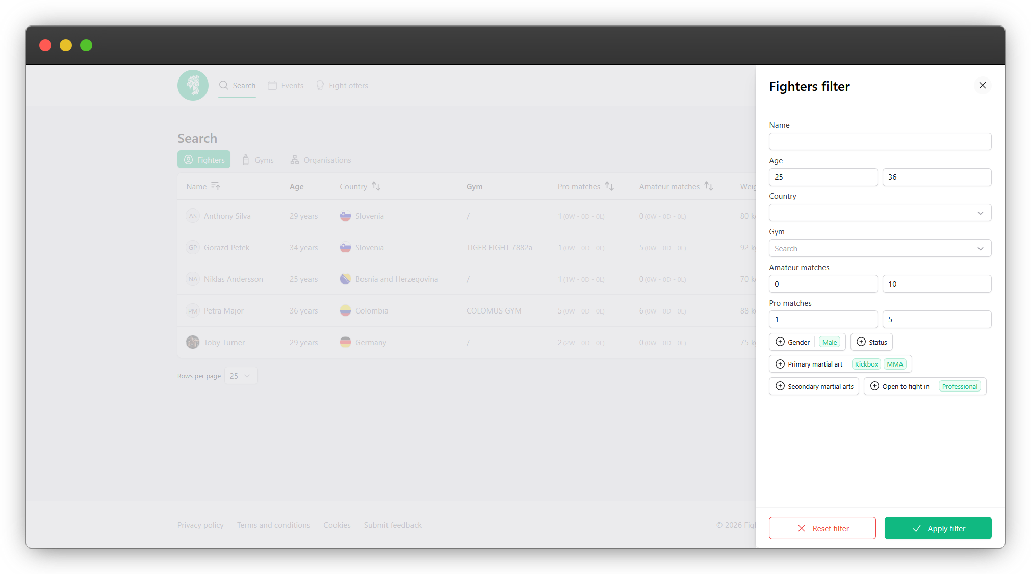 Advanced fighter search filters inside Fight Search
