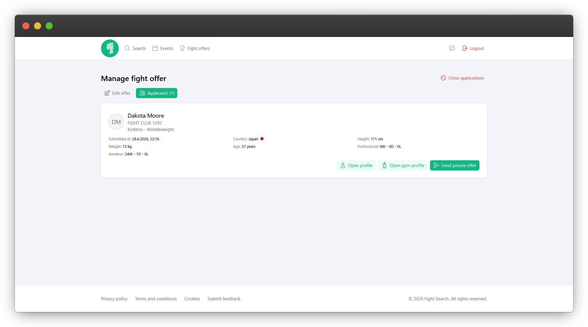Manage fight offers and applicants dashboard