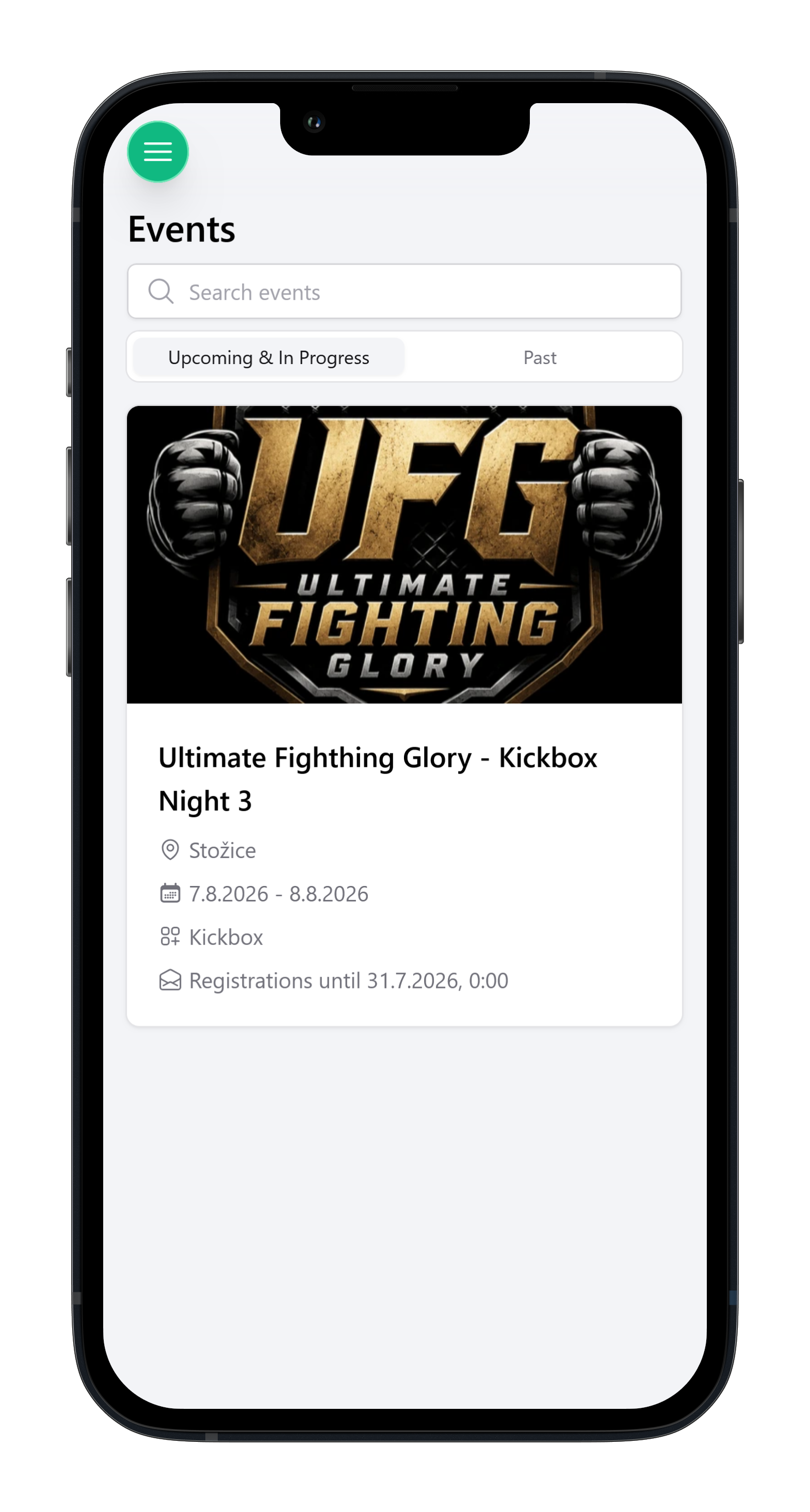Combat sports events overview on mobile
