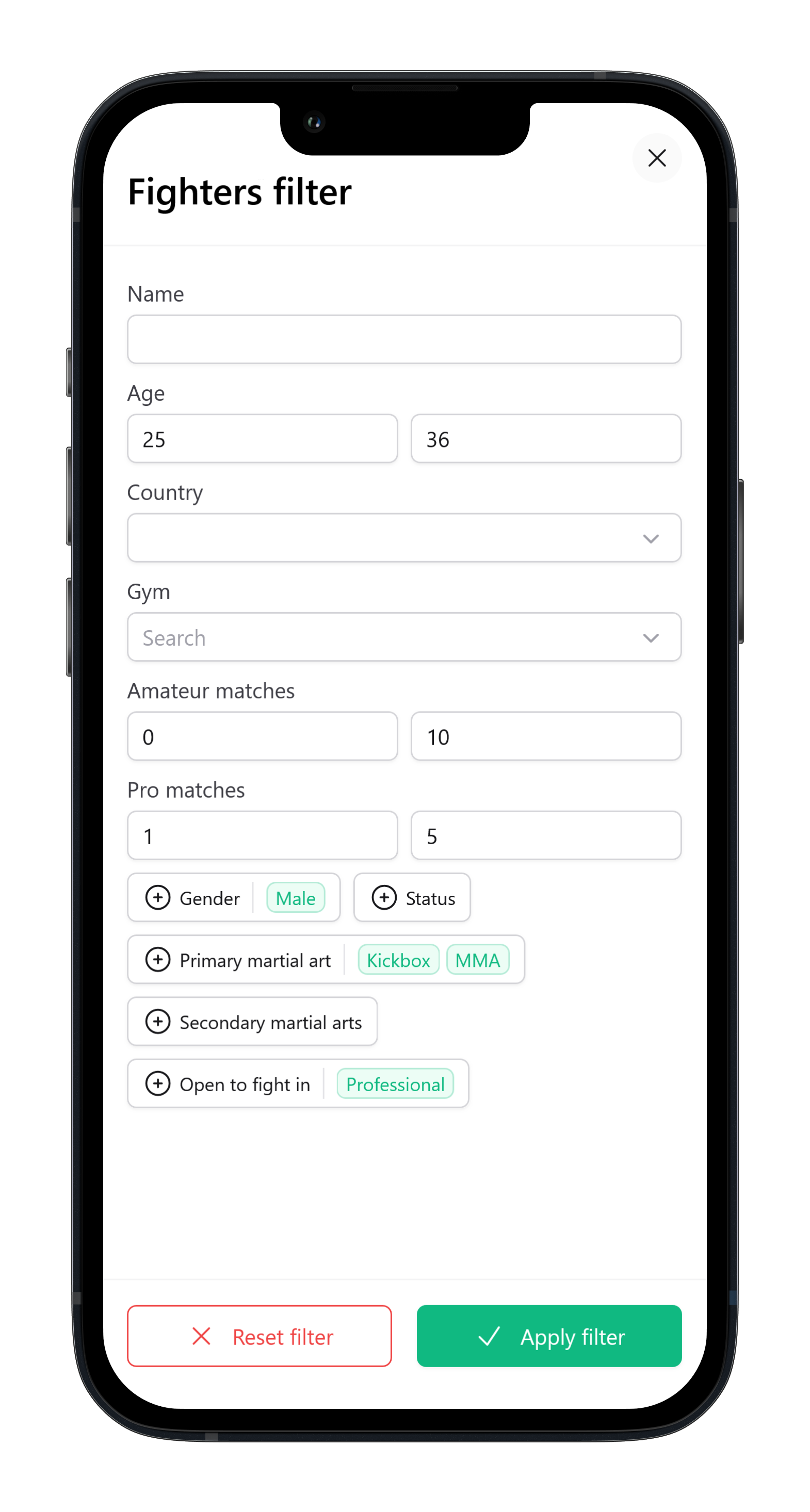 Mobile fighter search filters