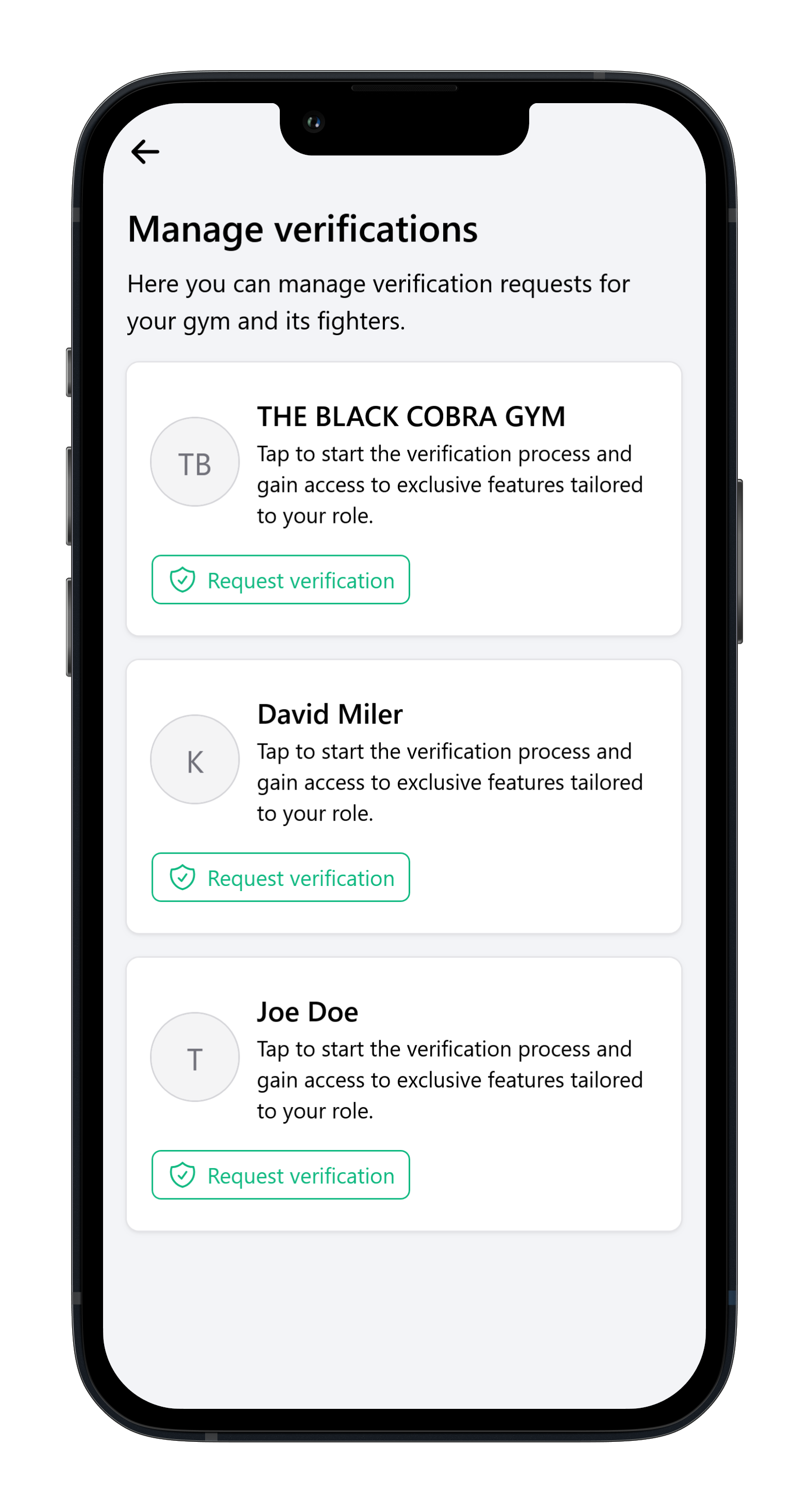 Verification management screen on mobile