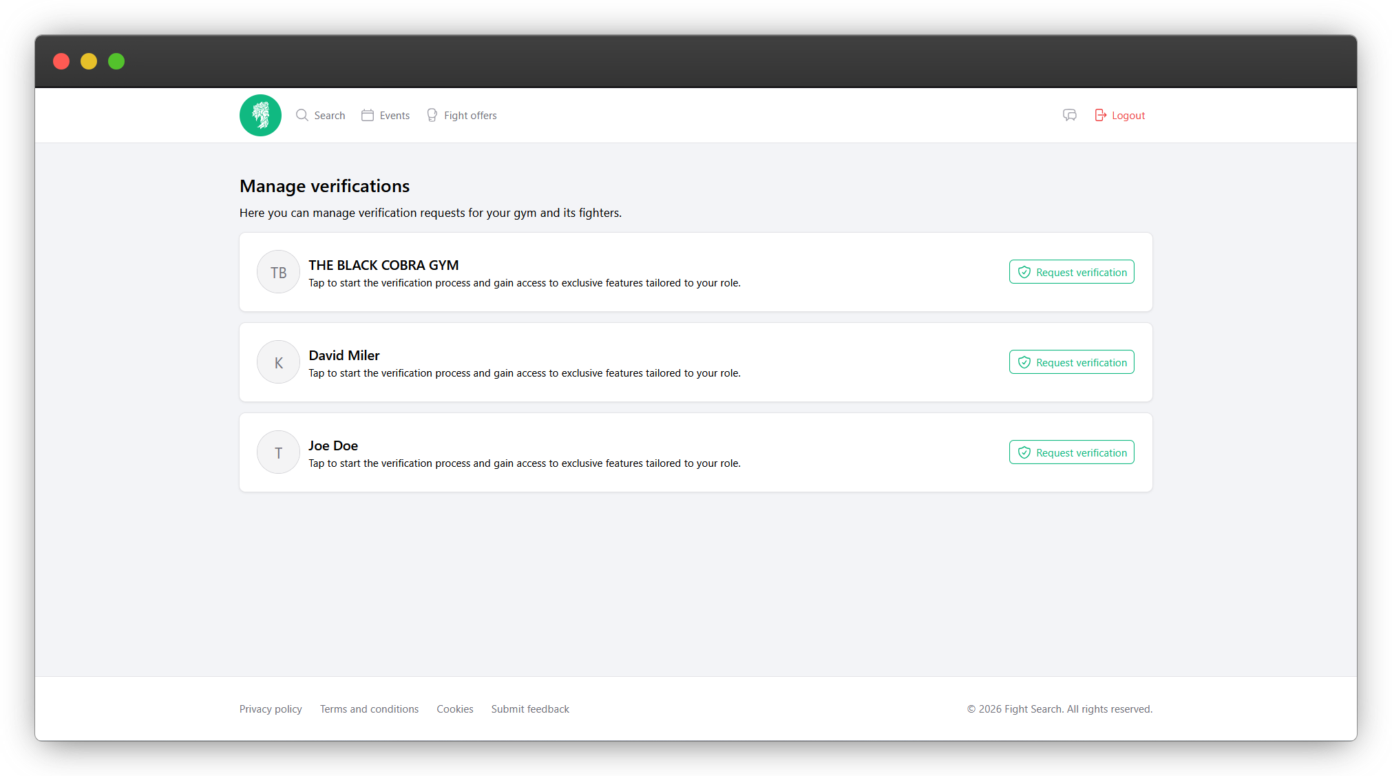 Verification dashboard for fighters and gyms