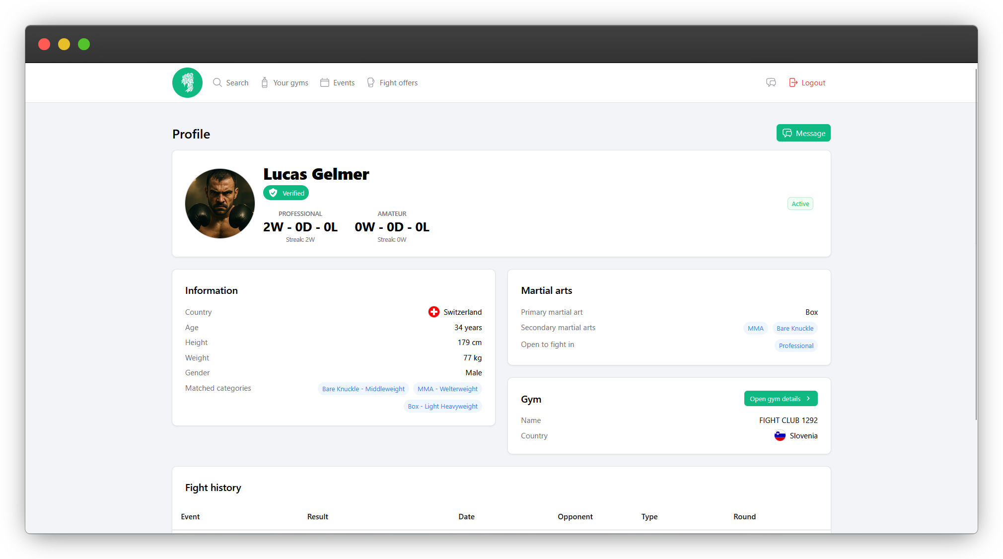 Verified fighter profile dashboard inside Fight Search